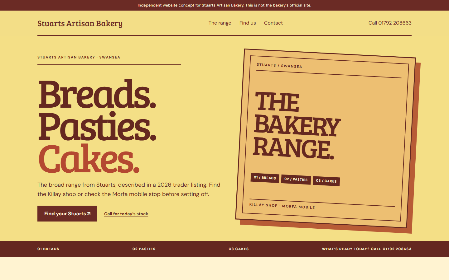First screen of Stuarts Artisan Bakery website direction A