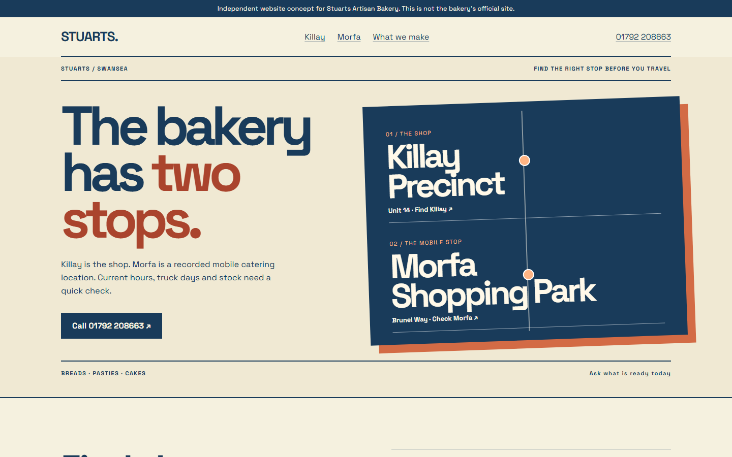 First screen of Stuarts Artisan Bakery website direction B